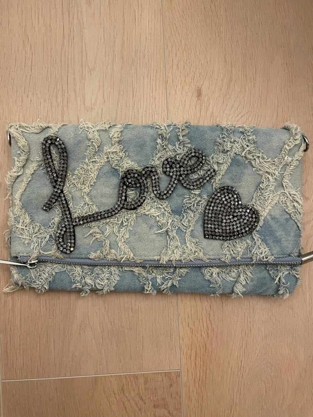 Denim 'Love' Rhinestone Embellished Clutch